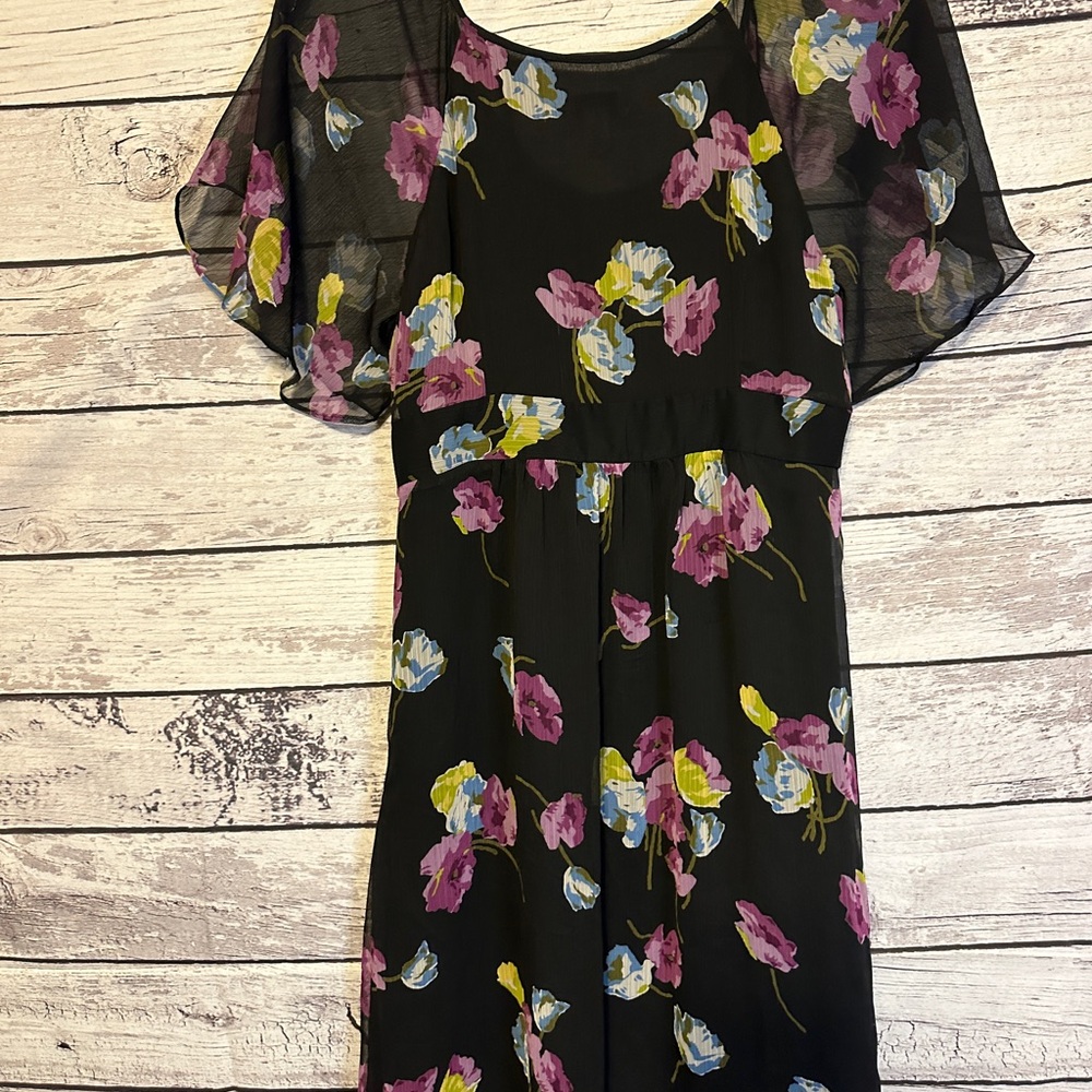 Ann Taylor LOFT Black Floral Chiffon Dress Size 14 Flutter Sleeve Lined